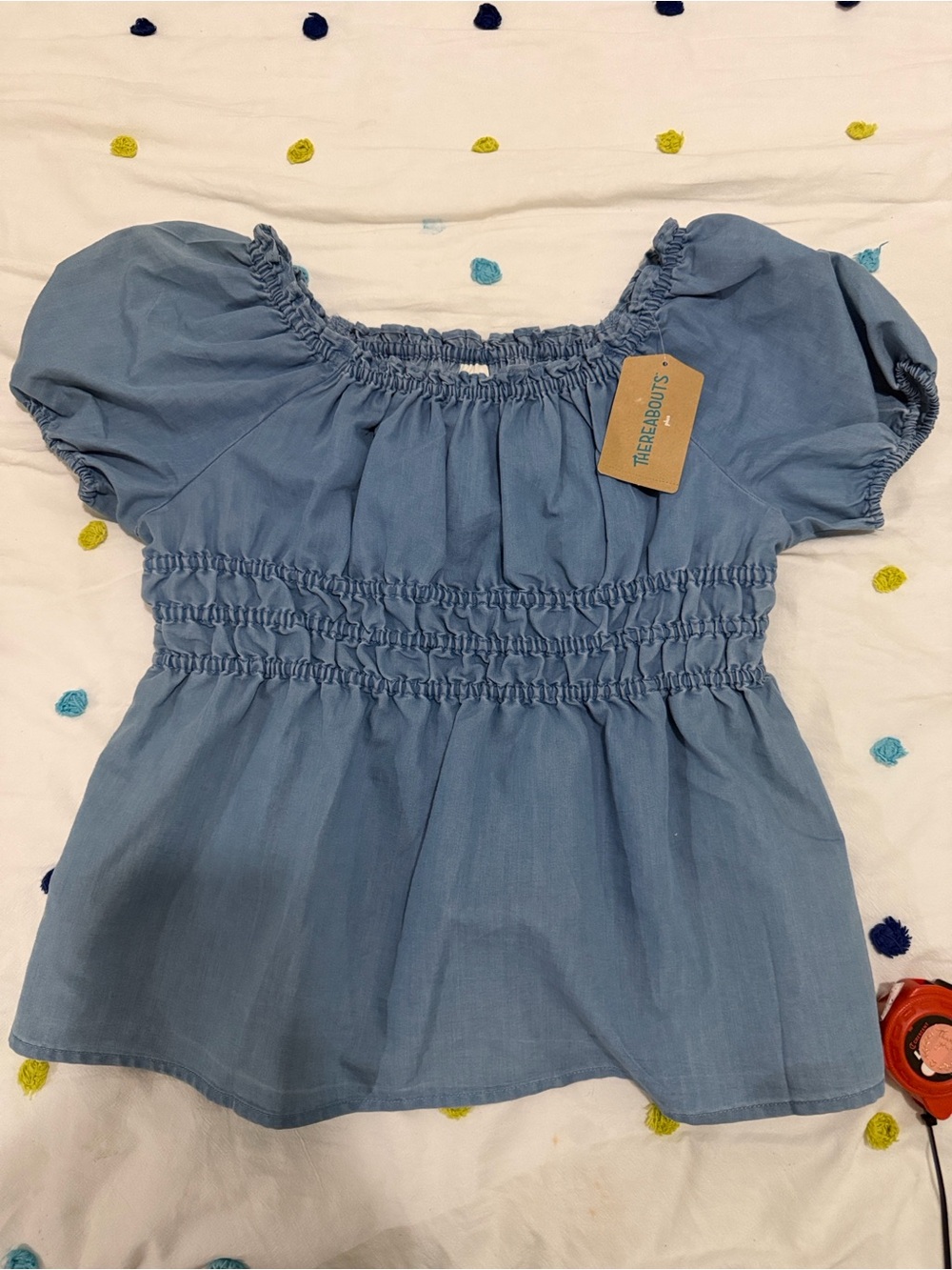 Dearbout Girls' Light Blue Smocked Puff-Sleeve Top